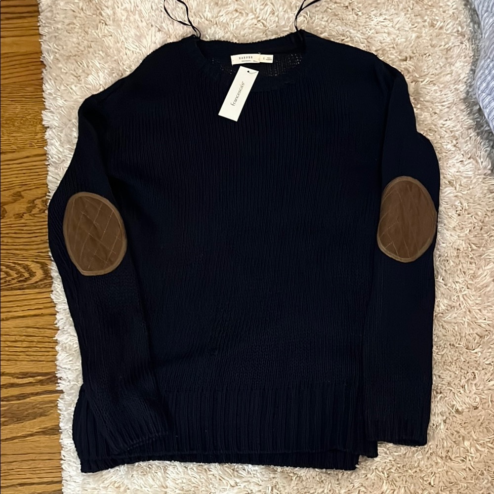 Black Blouse with Suede Elbow Patches and Crew Neck